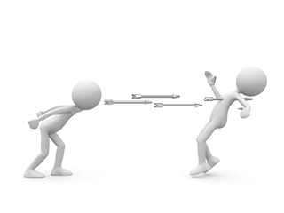 3D Cartoon Karakter - Wei&szlig;es kleines M&auml;nnchen br&uuml;llt seinen Freund an. Worte sind wie Pfeile. Schwarzwei&szlig; rendering isoliert auf wei&szlig;em Hintergrund.