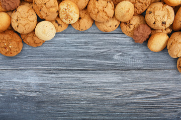 Cookies and biscuits at blue wood with copy space