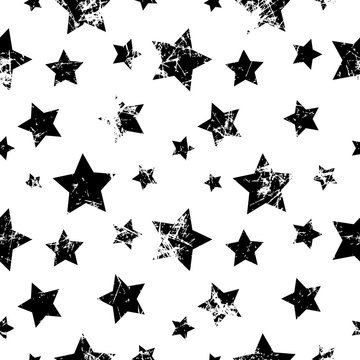 Seamless vector pattern. Creative geometric black and white background with stars. Texture with attrition, cracks and ambrosia. Old style vintage design. Graphic illustration.