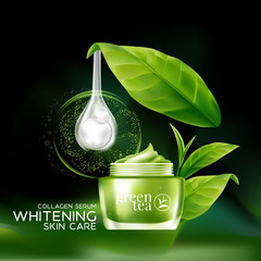 Green tea Serum and Background Concept Skin Care Cosmetic.