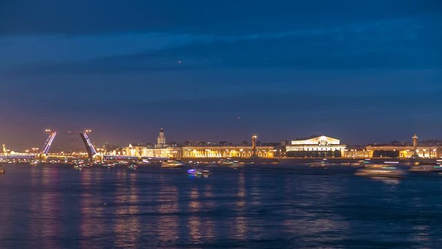 Opening Palace Bridge timelapse, a lot ships and boats. Russia, Saint-Petersburg