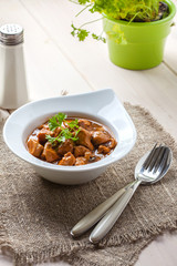 Goulash soup with pork and mushrooms.