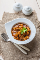 Goulash soup with pork and mushrooms.