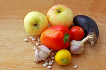 Vegetables on a wooden surface.