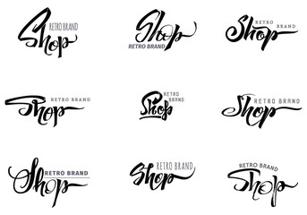 Shop word for signage, stickers, badges, has written calligraphic tools and modified to simple forms