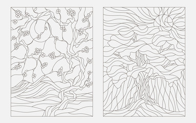Set contour illustrations of stained glass with the image of the trees