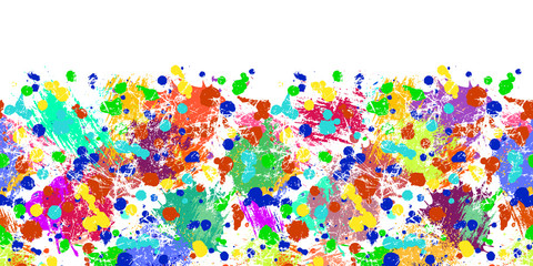 Vector seamless pattern with watercolor ink blots, splash and brush strokes. Horizontal banner, seamless border. Colorful creative artistic background. Series of Drawn Vector  Blots, Brush, Strokes.
