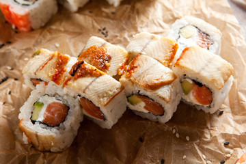 Salmon and Smoked Eel Maki Sushi