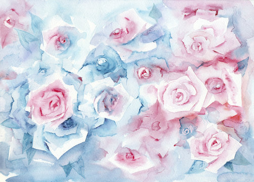 Fototapeta Watercolor painting roses. Delicate pastel background with pink and blue flowers.