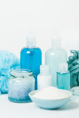 Fototapeta na wymiar Spa Kit. Shampoo, Soap Bar And Liquid. Shower Gel. Aromatherapy