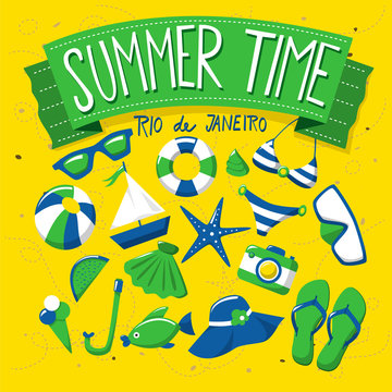 Summertime illustration of beach accessories in Rio de janeiro, Brazilian color style.