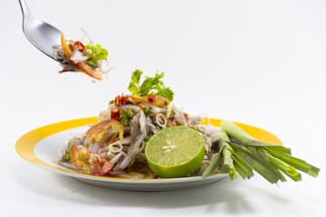 Thai food Yum-Pla-To hot and spicy menu Main material used is red shallots and chili and seasoning lemon and fish sauce and sugar and etc.It very delicious.