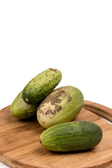Fresh cucumbers dirty with soil isolated over white background