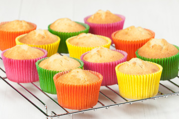 Homemade Colorful Plain Cupcakes On A Stand. White Table.