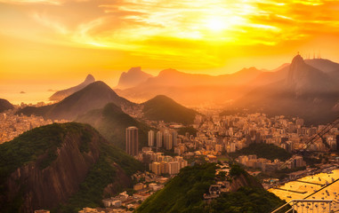 Sunset view of Botafogo, mountain Corcovado and Christ the Redeemer  in Rio de Janeiro. Brazil