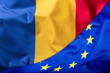 Flags of the Romania and the European Union. Romanian Flag and EU Flag. World flag money concept.
