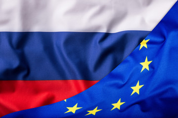 Flags of the Russia and the European Union. Russia Flag and EU Flag. World flag money concept.