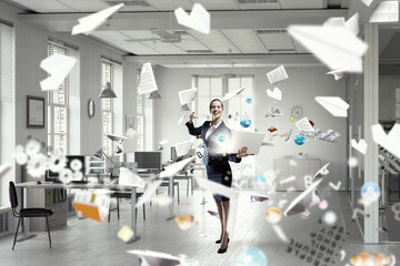 Woman with laptop in hands   . Mixed media