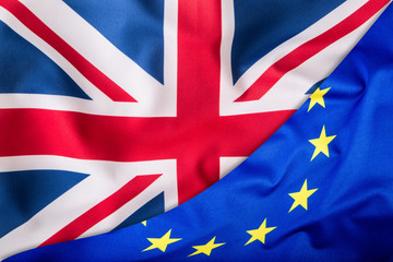 Flags of the United Kingdom and the European Union. UK Flag and EU Flag. British Union Jack flag.