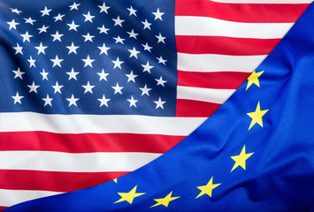 Flags of the USA and the European Union. American Flag and EU Flag. Flag inside stars. World flag concept.