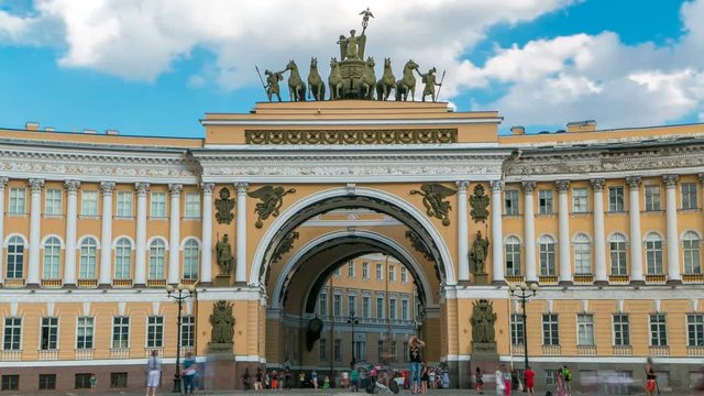 The General Staff building timelapse - a historic building, is located on the Palace Square in St. Petersburg.