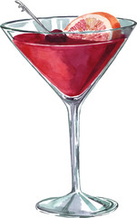 Cocktail with pink grapefruit and cherrypainted by watercolor, hand drawn vector illustration - 116243040