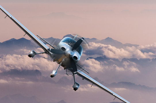 Privat light airplane or aircraft fly on mountain background. VIP travel concept