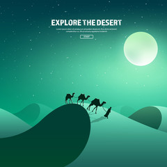 Desert trip. Extreme tourism and travelling. Back to nature. Sands.Exploring Africa. Horizont line with sky,stars.Camels.