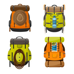 Naklejka premium Backpack in a flat stzle. Vector illustration. School bag.Travel, camping or hiking. Tourism. Luggage.