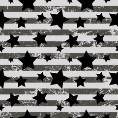 Seamless vector pattern. Creative geometric gray background with stars and stripes. Texture with attrition, cracks and ambrosia. Old style vintage design. Graphic illustration.