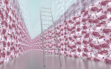 ladder under glass ceiling with walls of money