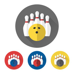 Flat bowling ball and skittles icons set vector