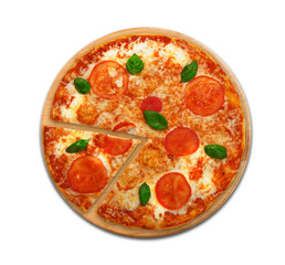 Delicious italian vegetarian pizza Margherita top view isolated