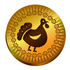 Vector gold medallion with Thanksgivings Turkey bird grunge silhouette on gold medal with sunburst golden background  with flower border. Golden medallion with  turkey bird - for Thank-Giving Day.
