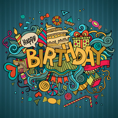 Birthday hand lettering and doodles elements background.