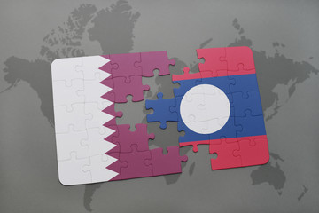 puzzle with the national flag of qatar and laos on a world map background.