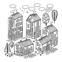 Fototapeta premium Cartoon Houses set. Monochrome Vector image. 