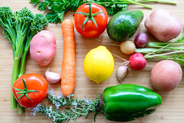 Top flat lay view of fresh organic vegetables