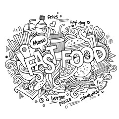 Fast food hand lettering and doodles elements background