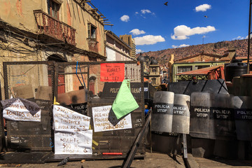 Police barricads in the center of La Paz, Bolivia