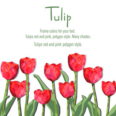Greeting card with red tulips. Polygon style flowers