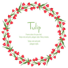 Postcard with red tulips arranged in a circle. Polygon style wreath of flowers