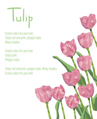 Postcard with red tulips. Polygonal style bouquet of flowers