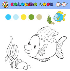 coloring book page template with tropical fish and plants