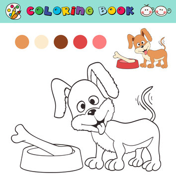 coloring book page template with dog and bone, color samples