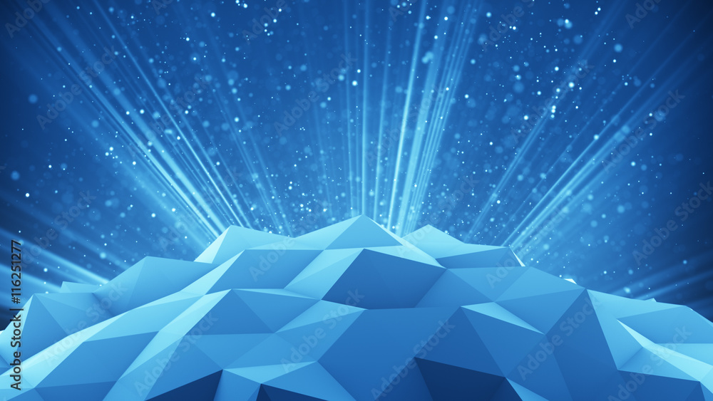 Poster polygonal shape and light rays 3d render