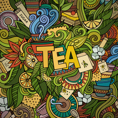 Tea hand lettering and doodles elements background. 