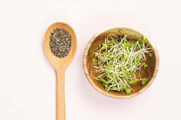 Chia seeds and broccoli super sprouts on pink background - 116251623