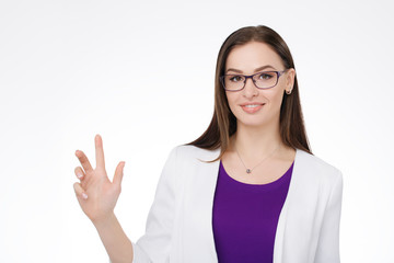 smiling woman holding virtual object in her hands