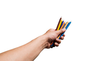 Men holding pencil colors isolate on white background